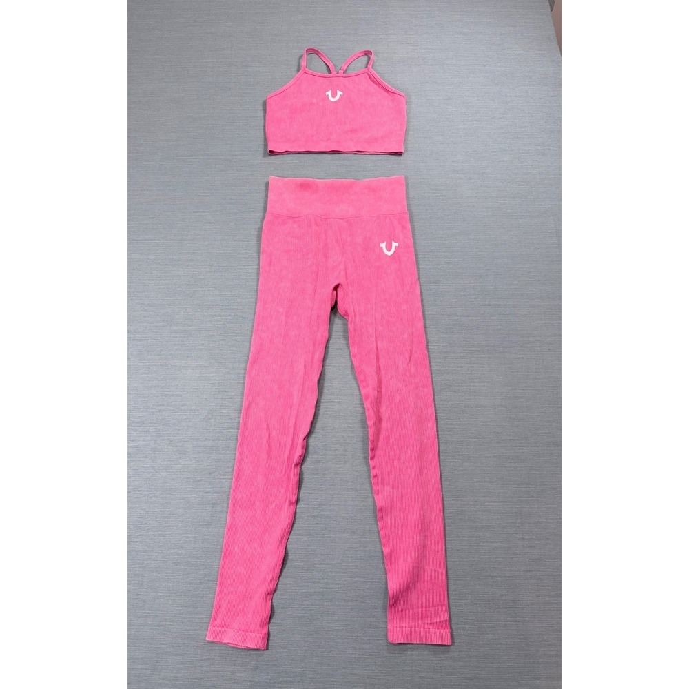 True Religion Ribbed Mineral Wash Activewear Set Women's S Pink Excellent Logo